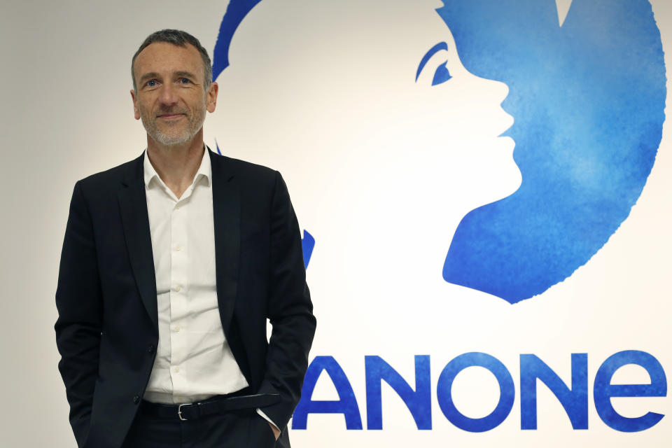 Chief Executive of Danone company Emmanuel Faber poses for photographers prior to the company's 2017 annual results presentation in Paris, Friday, Feb. 16, 2018. Danone, the world's largest yoghurt maker, reported overall 2017 earnings that slightly beat expectations. (AP Photo/Thibault Camus)