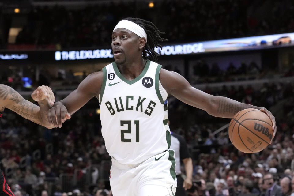 Milwaukee Bucks' Jrue Holiday drives to the basket during an NBA basketball game against the Chicago Bulls Thursday, February 16, 2023, in Chicago. (AP Photo/Charles Rex Arbogast)