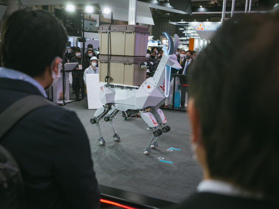 TOKYO, JAPAN - 2022/03/10: And humanoid robot called Â«Â RHP BexÂ Â» made by Japanese company Kawasaki does a demonstration for audience during the International Robot Exhibition 2022. (Photo by Nicolas Datiche/LightRocket via Getty Images)