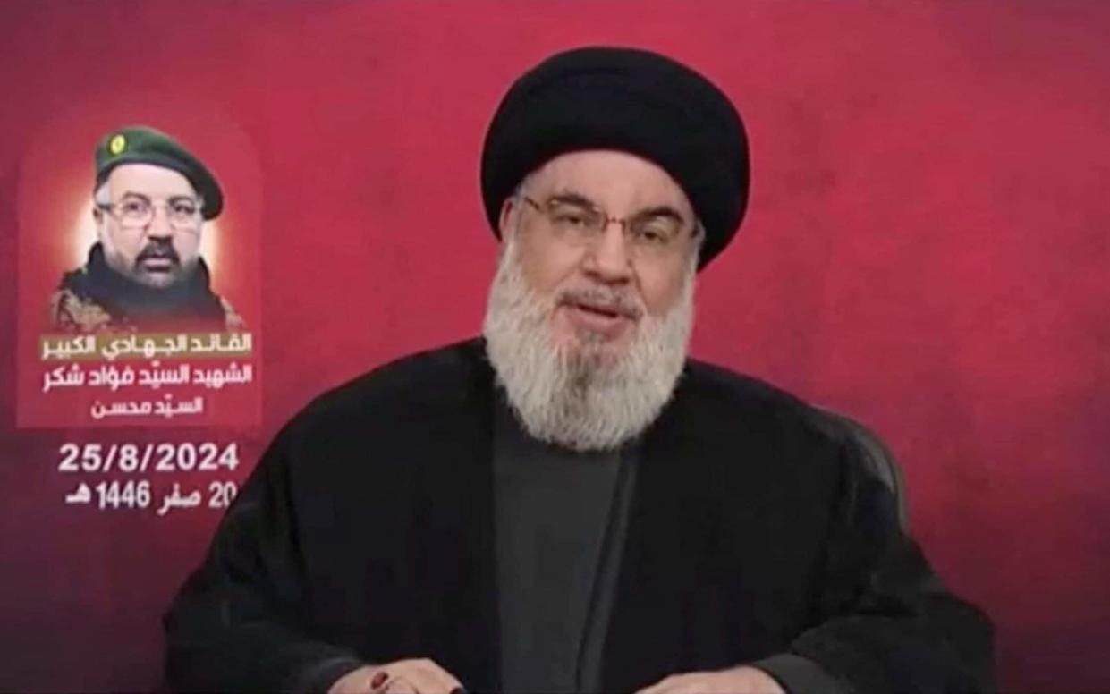 Hezbollah leader Sayyed Hassan Nasrallah gives a televised address, in this screengrab taken from a handout video obtained on August 25, 2024.