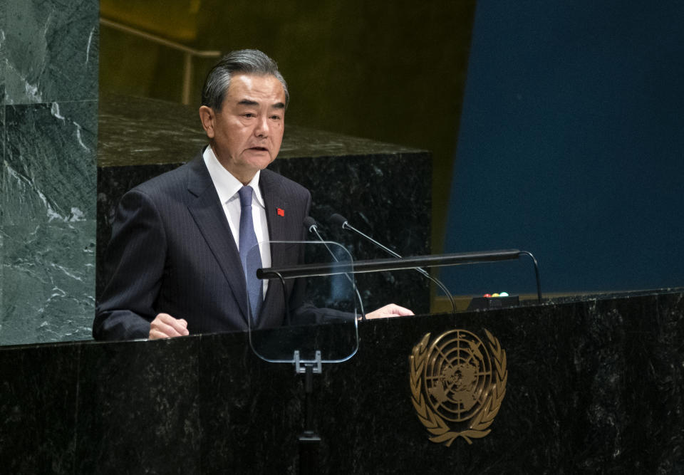 Chinese Foreign Minister Wang Yi addresses the 74th session of the United Nations General Assembly, Friday, Sept. 27, 2019, at the United Nations headquarters. (AP Photo/Craig Ruttle)