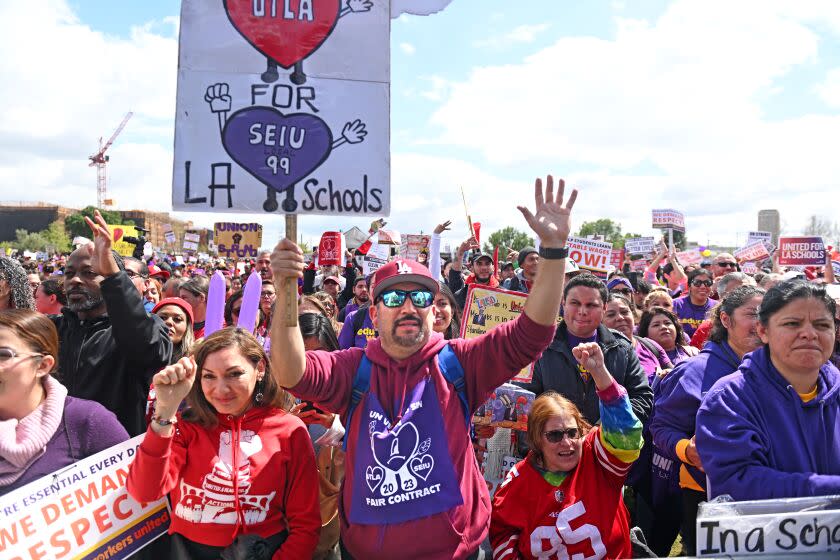 Los Angeles, California March 23, 2023-Protestors listen to speakers as members of the Service Employees International Union Local 99 picket at Los Angeles Historic State Park Thursday. (Wally Skalij/Los Angeles Times)