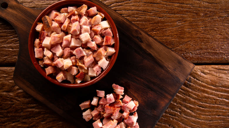 bowl of cubed bacon