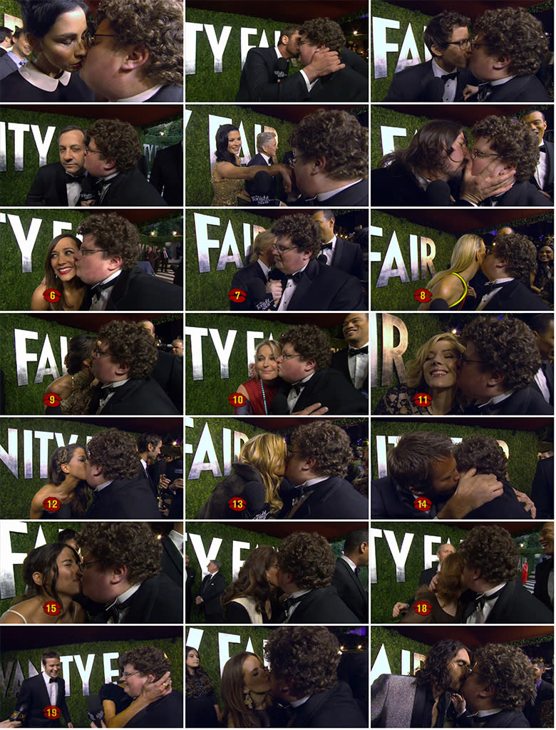 With support from "The Tonight Show With Jay Leno" (and a challenge from Leno himself), Jesse Heiman attended the Vanity Fair Oscar Party on Feb. 24, 2013 to <a href="http://www.youtube.com/watch?v=nbMe3ukrFaE" rel="nofollow noopener" target="_blank" data-ylk="slk:"collect kisses for Jay" from celebs;elm:context_link;itc:0;sec:content-canvas" class="link ">"collect kisses for Jay" from celebs</a>. And he was <a href="http://www.youtube.com/watch?v=AvVjyWHb3Wo" rel="nofollow noopener" target="_blank" data-ylk="slk:pretty successful;elm:context_link;itc:0;sec:content-canvas" class="link ">pretty successful</a>!<br><br> While the Go Daddy nerd almost convinced the gorgeous Salma Hayek to give him a little smack on the cheek, he got snubbed by Jennifer Lawrence, Halle Berry, and Sandra Bullock -- despite his pleas to "come kiss me!" Hugh Jackman offered these words of wisdom to the budding star: "After that ad, you don't have to kiss anymore. That was all good." On the other hand, the always-game Sarah Silverman went for it, and then hilariously commented that Heiman tasted like milk. He also got a pretty passionate smooch from Dave Grohl (before the rock star wiped off his mouth) and Russell Brand, who said, "I find you very comforting… Don't ruin my hair." After asking to borrow 300 seconds of Gerard Butler's time, he earned a kiss on the cheek from the surprisingly funny actor. "His accent's hot," said a blushing Heiman. Other stars who went the extra mile: Rashida Jones, David Spade, Bo Derek, Jennifer Coolidge, Judd Apatow, and Andy Samberg (who may or may not write a song about Heiman). Bryan Cranston opted to give his wife, Robin Dearden, a romantic kiss instead. Smart move, Cranston! <br><br> The final count: 21 kisses!<br><br>