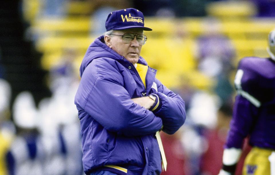 Oct. 31, 1992; Seattle, Washington; Washington Huskies head coach Don James on the field prior to the game against the Stanford Cardinal at Husky Stadium. USA TODAY Sports