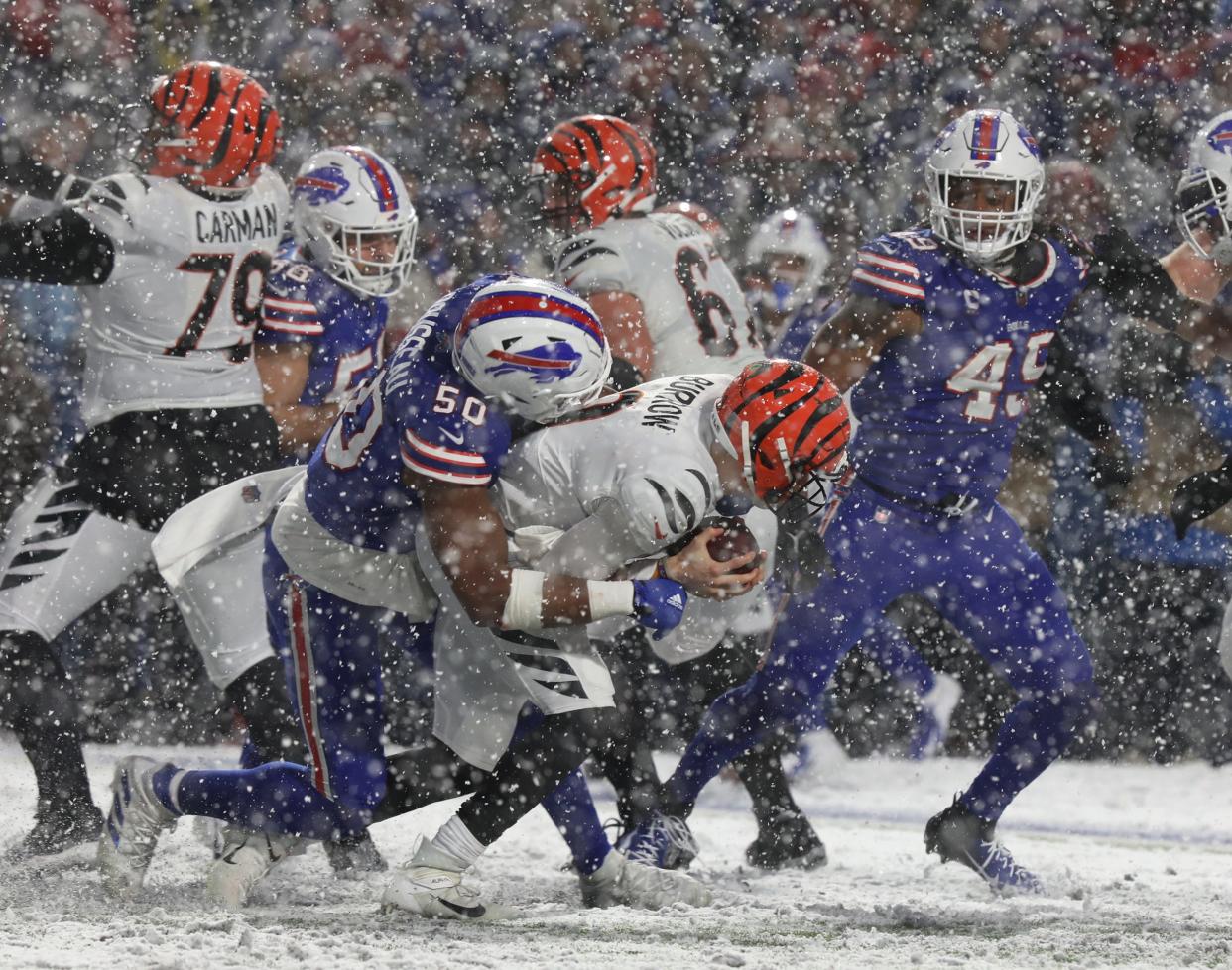 The Bills got the better of QB Joe Burrow on this play last year, but the Bengals went on to win the snowy playoff game at Highmark Stadium.