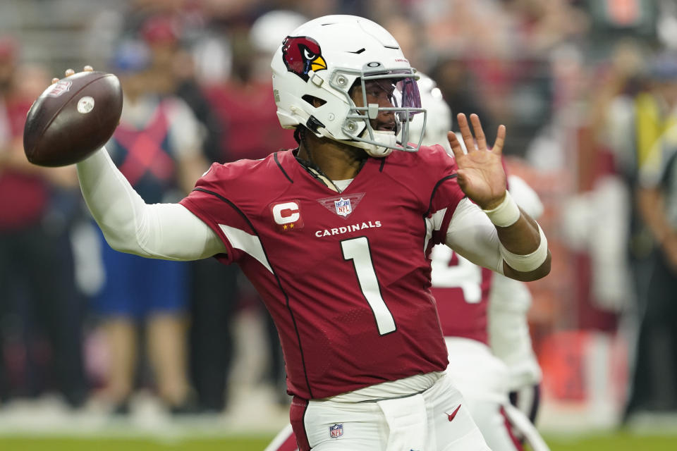 Arizona Cardinals quarterback Kyler Murray (1) throws against the Houston Texans during the first half of an NFL football game, Sunday, Oct. 24, 2021, in Glendale, Ariz. (AP Photo/Darryl Webb)