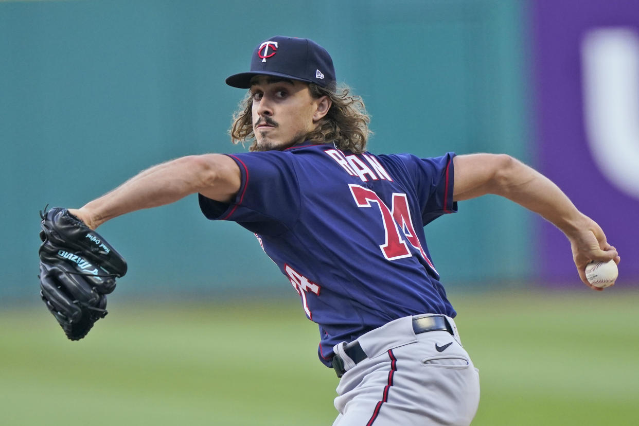 Minnesota Twins starting pitcher Joe Ryan delivers in the first inning of a baseball game against the Cleveland Indians, Wednesday, Sept. 8, 2021, in Cleveland. (AP Photo/Tony Dejak)