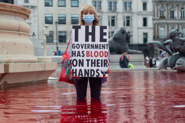 Two arrested after protesters dye Trafalgar Square fountains red