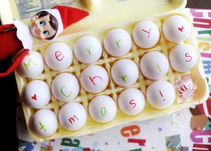 32) Elf on the Shelf Easy Egg Idea