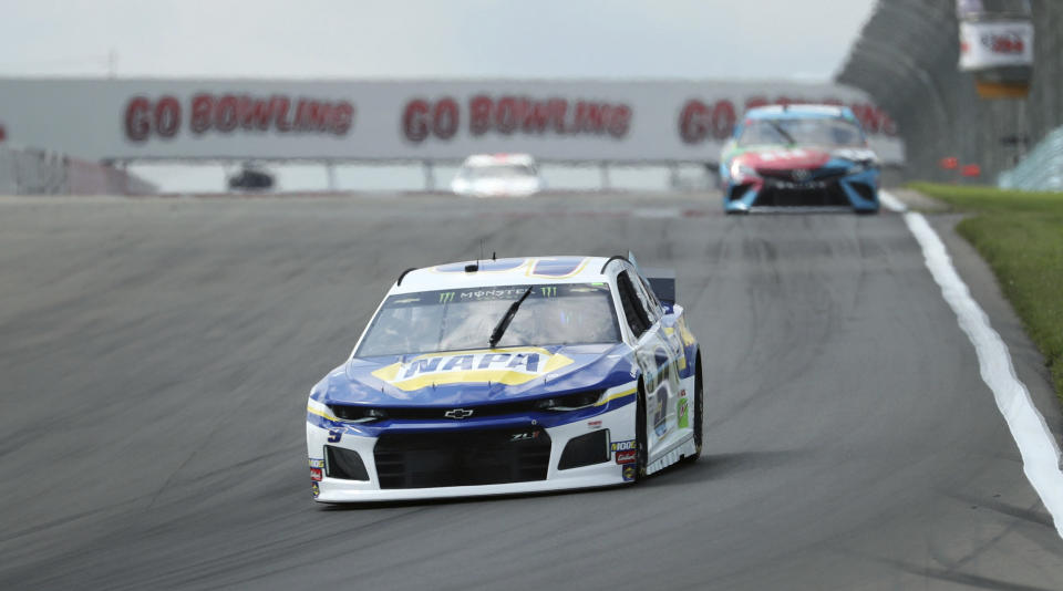 Chase Elliott (9) heads into turn one during a practice run for the NASCAR Cup Series auto race at Watkins Glen International, Saturday, Aug. 3, 2019, in Watkins Glen, New York. (AP Photo/John Munson)