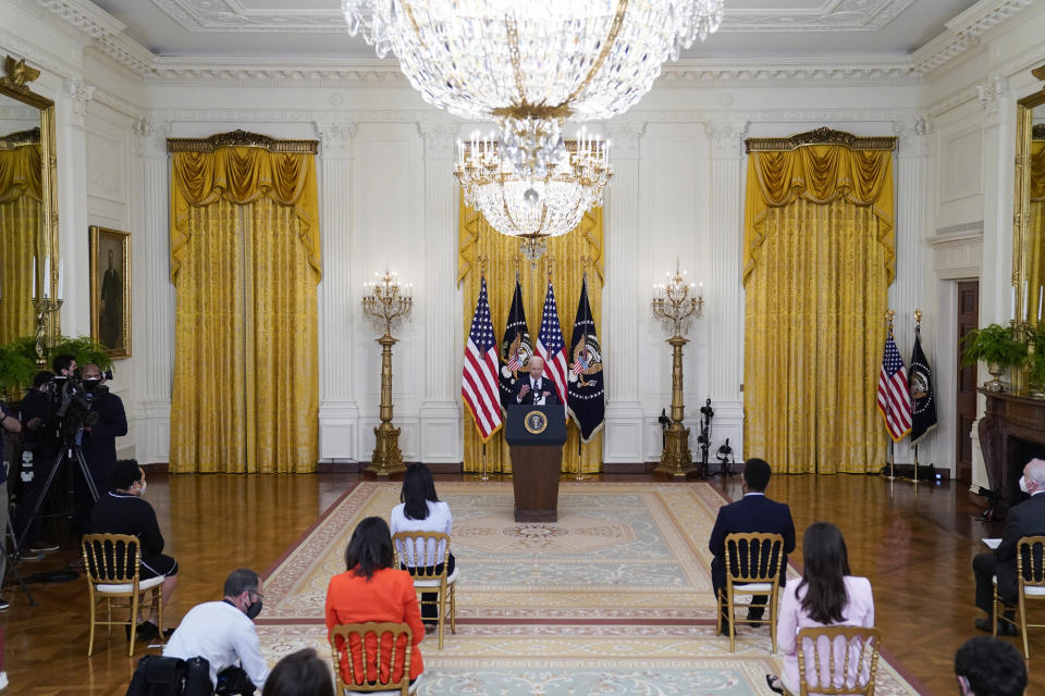 FILE - President Joe Biden speaks during a news conference in the East Room of the White House, on March 25, 2021, in Washington. (AP Photo/Evan Vucci, File)