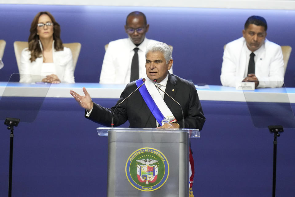 New Panamanian President Jose Raul Mulino gives a speech at his swearing-in ceremony at the Atlapa Convention Centre in Panama City, Monday, July 1, 2024. (AP Photo/Matias Delacroix)