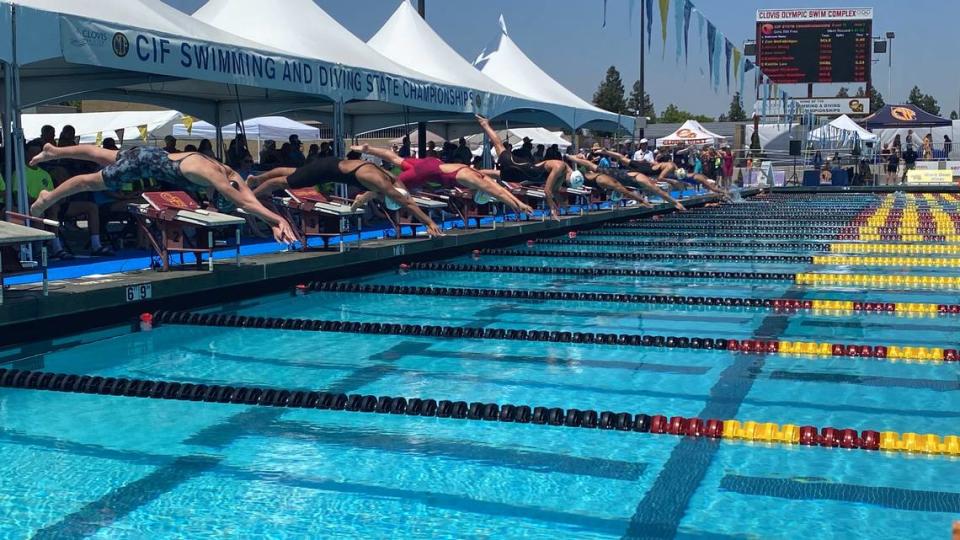 The start of the girls 500 freestyle at the CIF swimming and state championships on Saturday, May 13, 2023.