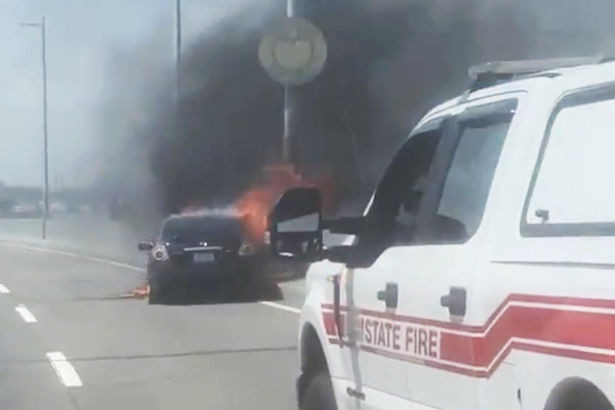 A car went up in flames on the Throgs Neck Bridge Wednesday.