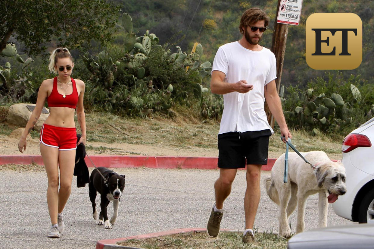 AG_808811 -  - *EXCLUSIVE* Los Angeles, CA - Miley Cyrus and Liam Hemsworth keep their bodies in shape by taking their dogs for a hike. Miley looked very fit and healthy showing off her abs in a red sports bra and matching red short shorts. Liam opted for a casual look with a plain white tee and navy board shorts. The couple shielded their eyes with sunglasses and looked to be finishing their hike as they were seen getting into their Range Rover to leave.Pictured: Miley Cyrus, Liam HemsworthAKM-GSI 6 APRIL 2017BYLINE MUST READ: LESE / AKM-GSI Maria Buda(917) 242-1505mbuda@akmgsi.com Mark Satter(317) 691-9592msatter@akmgsi.com or sales@akmgsi.com