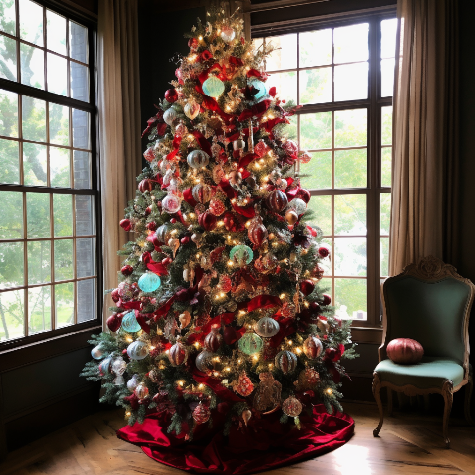 A Christmas tree in the corner of a classy living room with a silky tree skirt underneath it that's absolutely covered in round ornaments, strings of ribbon, and warm lights