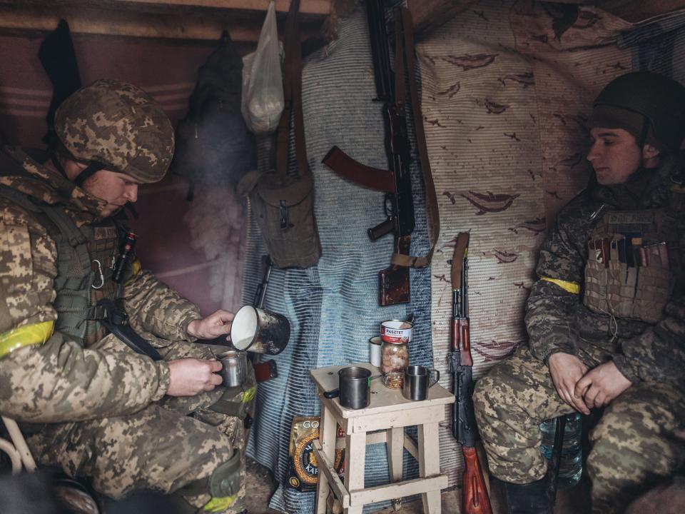 Ukrainian soldiers are seen in a trench on New Year's Eve in Bakhmut, Ukraine on December 31, 2022.