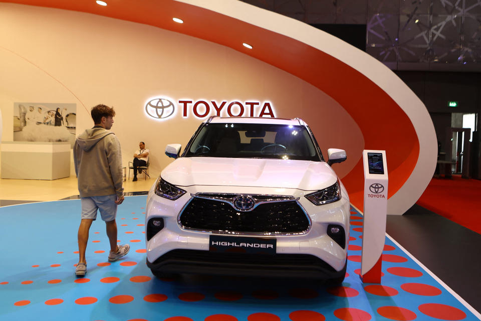 A Toyota highlander hybrid SUV is displayed at the Geneva International Motor Show at the Doha Exhibition and Convention Center in Doha, Qatar, on Oct. 7, 2023. / Credit: Karim Jaafar/AFP via Getty Images