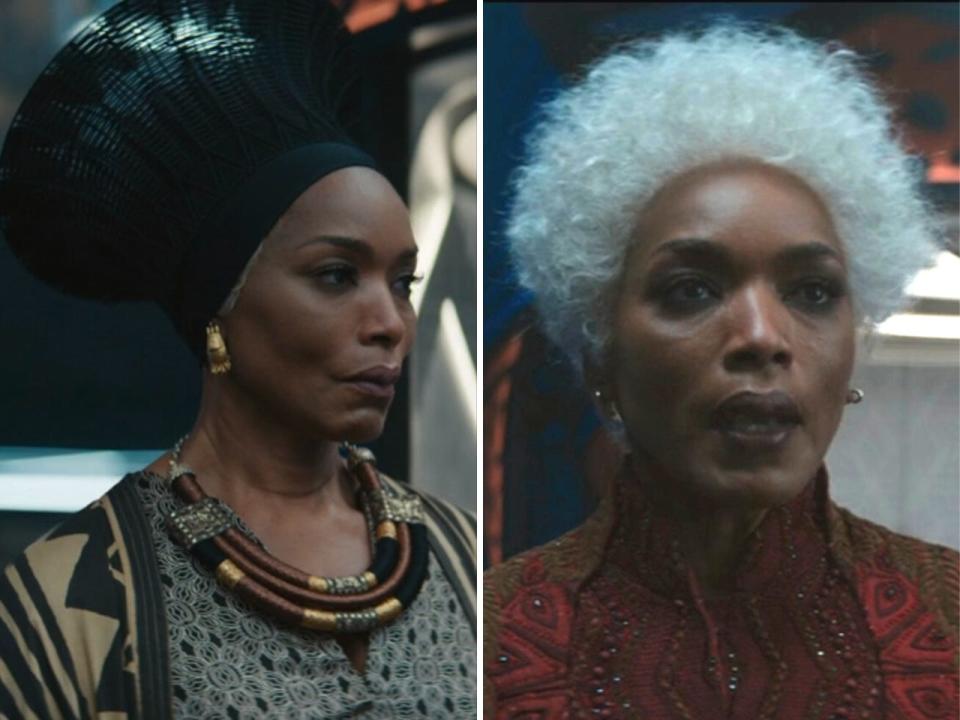 Ramonda (Angela Bassett) in front of her subjects compared to when she's alone in the lab.