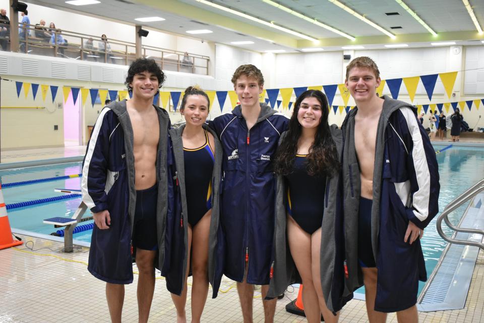 Hopewell Area senior swimmers during their Senior Night, from left to right: Kian McIlvain, Maison Keczmer, Patrick Blosnick, Madison Krah and David Bibbee.