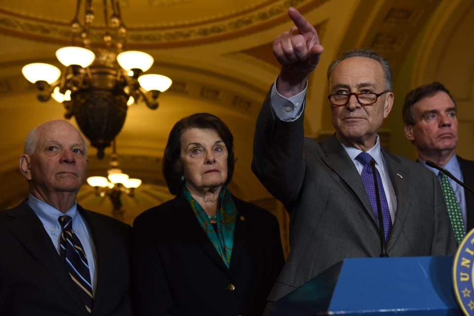 Sen.Charles Schumer (D-N.Y.), center right, addresses the media about the fallout from the resignation of NSA Michael Flynn on Capitol Hill on Feb. 15, 2016. Joining him were (from left to right): Sens. Ben Cardin (D-Md.), Dianne Feinstein (D-Calif.) and Mark Warner (D-Va.). (Photo: The Washington Post via Getty Images)