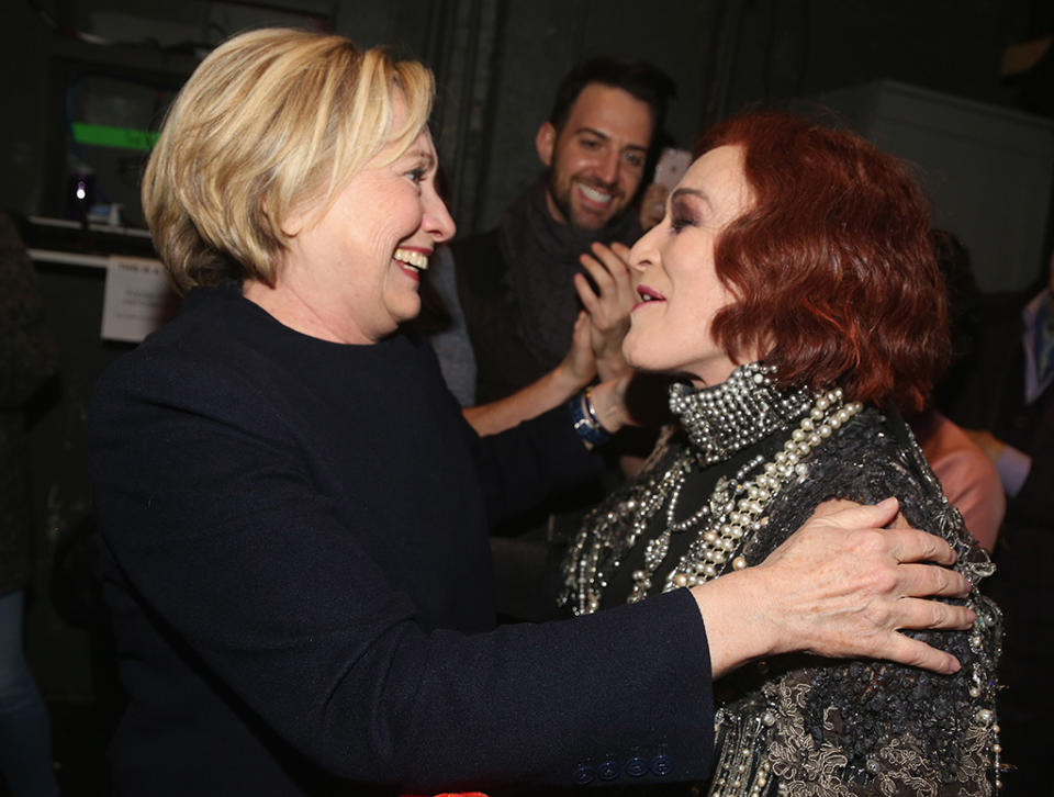 <p>Clinton was ready for her close-up when she chatted with star Glenn Close behind the scenes of <em>Sunset Boulevard </em>on Broadway. (Photo: Bruce Glikas/Bruce Glikas/FilmMagic) </p>