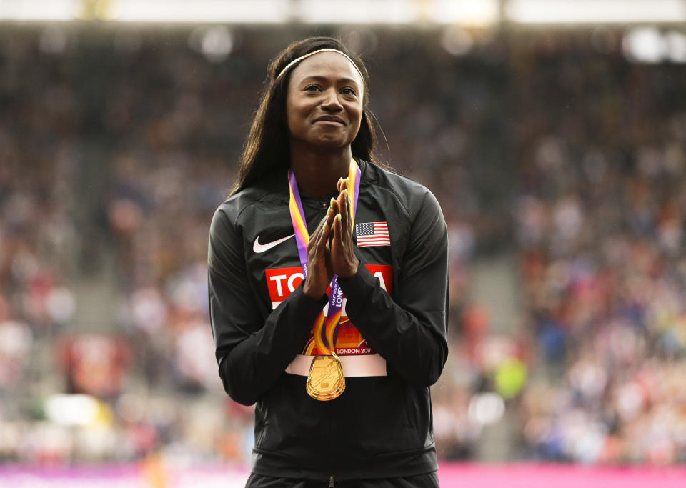 FILE - United States' Tori Bowie gestures after receiving the gold medal she won in the women's 100m final during the World Athletics Championships in London, Monday, Aug. 7, 2017. Olympic gold medalist Tori Bowie's autopsy included an easy-to-overlook, one-line notation beneath the heading "Medical History:" Bipolar disorder. In and around track circles, where the champion sprinter's absence is hitting particularly hard heading into Saturday's opening of the first world championships since her death, Bowie's mental health struggles were more than an afterthought. (AP Photo/Alastair Grant, File)