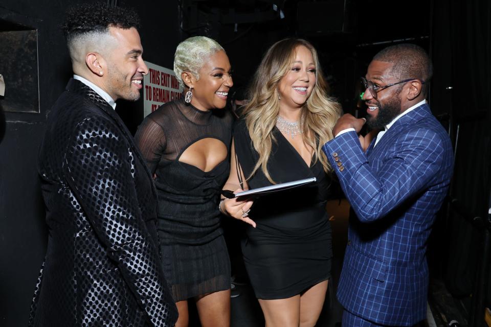 <p>Jason Lee, Tiffany Haddish, Mariah Carey and Floyd Mayweather interact backstage during the 2nd annual Hollywood Unlocked Impact Awards on June 24 in Beverly Hills.</p>