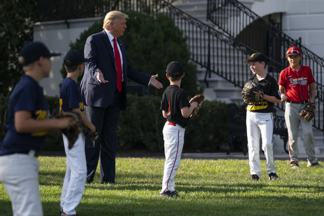 Trump makes pitch for masks, but plays catch without one as Little Leaguers  visit White House