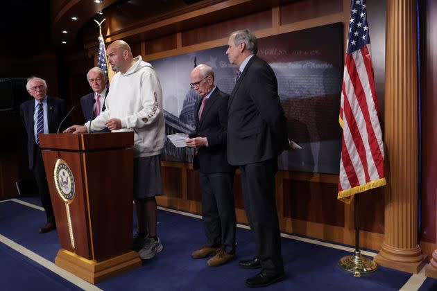 Fetterman speaks during a news conference on the debt limit at the U.S. Capitol. Since running for the Senate in 2022, he has broken from the progressive wing of the Democratic Party.