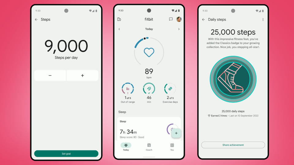 Three phones on a pink background showing the new Fitbit app