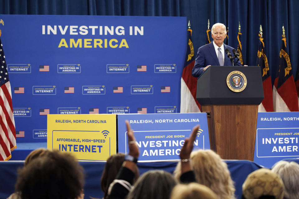 President Joe Biden speaks at an event at Abbots Creek Community Center in Raleigh, N.C., Thursday, Jan. 18, 2024. Biden is visiting North Carolina to highlight $82 million in new spending to connect 16,000 households and businesses to high-speed internet. (AP Photo/Ben McKeown)
