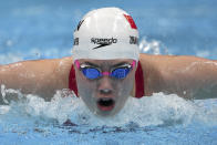 Zhang Yufei of China swims in the women's 200-meter butterfly final at the 2020 Summer Olympics, Thursday, July 29, 2021, in Tokyo, Japan. (AP Photo/Matthias Schrader)