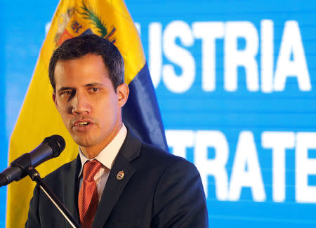 Venezuelan opposition leader Juan Guaido, who many nations have recognized as the country's rightful interim ruler, speaks during a meeting with representatives of the oil sector in Caracas, Venezuela, February 15, 2019. REUTERS/Manaure Quintero