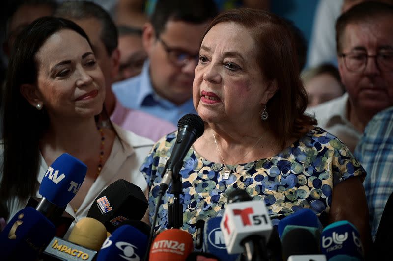 Venezuelan opposition leader Maria Corina Machado addresses the media in Caracas