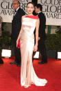 Angelina looked positvely statuesque in this two-toned satin gown by Atelier Versace at the Golden Globes in 2012.