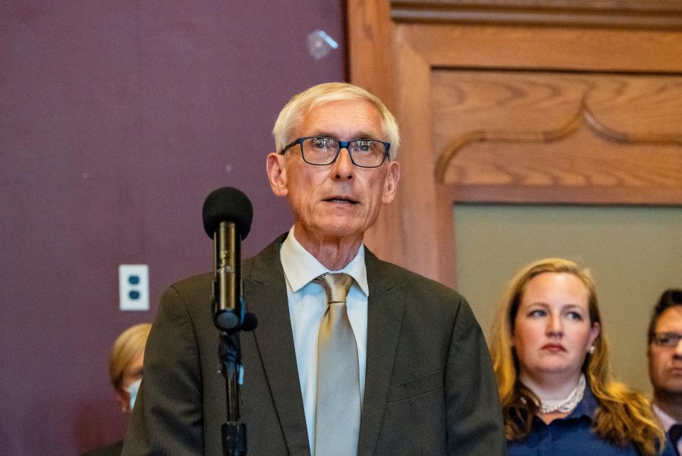 Gov. Tony Evers speaks at a press conference relating to the U.S. Supreme Court decision in Dobbs on Tuesday, June 28, 2022 at Milwaukee Turner Hall in Milwaukee, Wis.