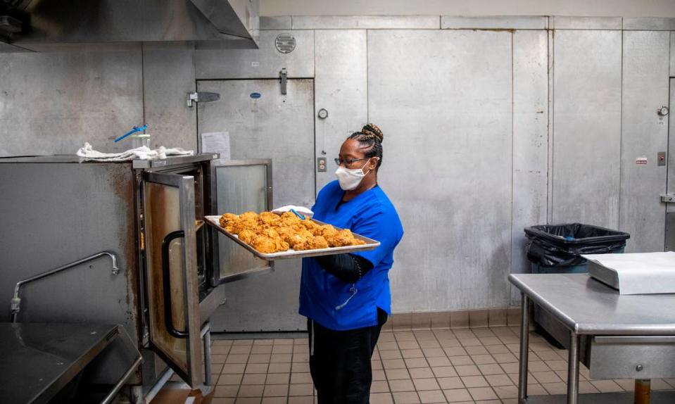 Yolanda Banks is the lone child nutrition services worker at Swift Creek Elementary in Raleigh. Most school days she singlehandedly prepares meals for several hundred students.