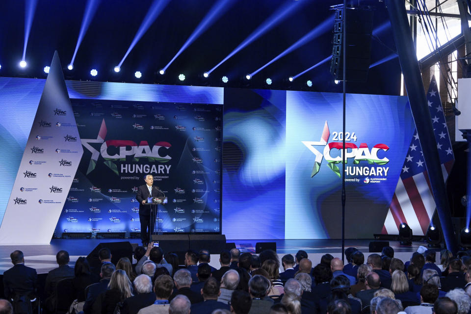 Hungarian Prime Minister Viktor Orban delivers his address at the third Hungarian edition of the Conservative Political Action Conference, CPAC Hungary, in Budapest, Hungary, Thursday, April 25, 2024. (Szilard Koszticsak/MTI via AP)