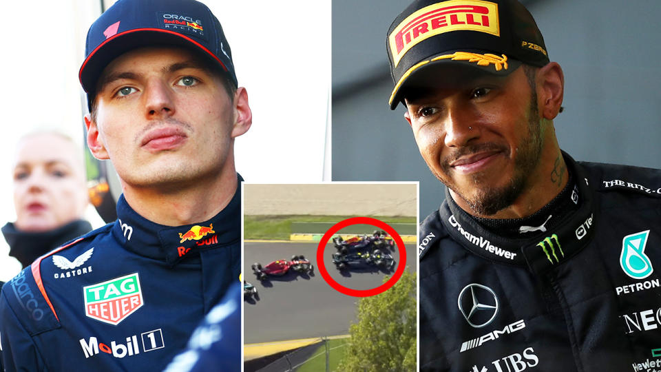 Max Verstappen and Lewis Hamilton are pictured, with an inset of their on-track F1 battle on lap one.