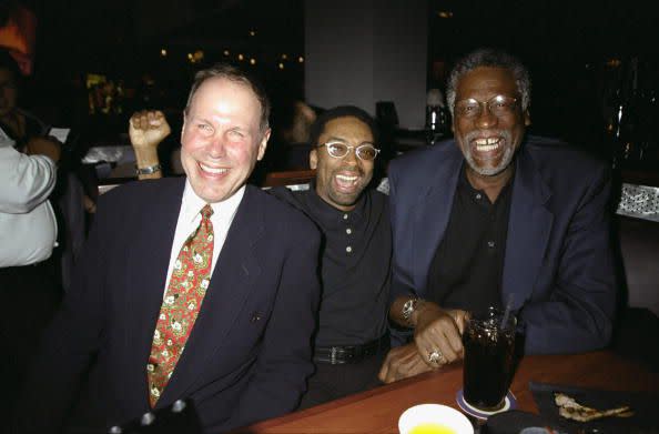 UNITED STATES - SEPTEMBER 15:  Disney chairman Michael Eisner (left) is joined by Spike Lee (center) and Bill Russell at opening of the ESPN Zone resturant in Times Square.  (Photo by Richard Corkery/NY Daily News Archive via Getty Images)