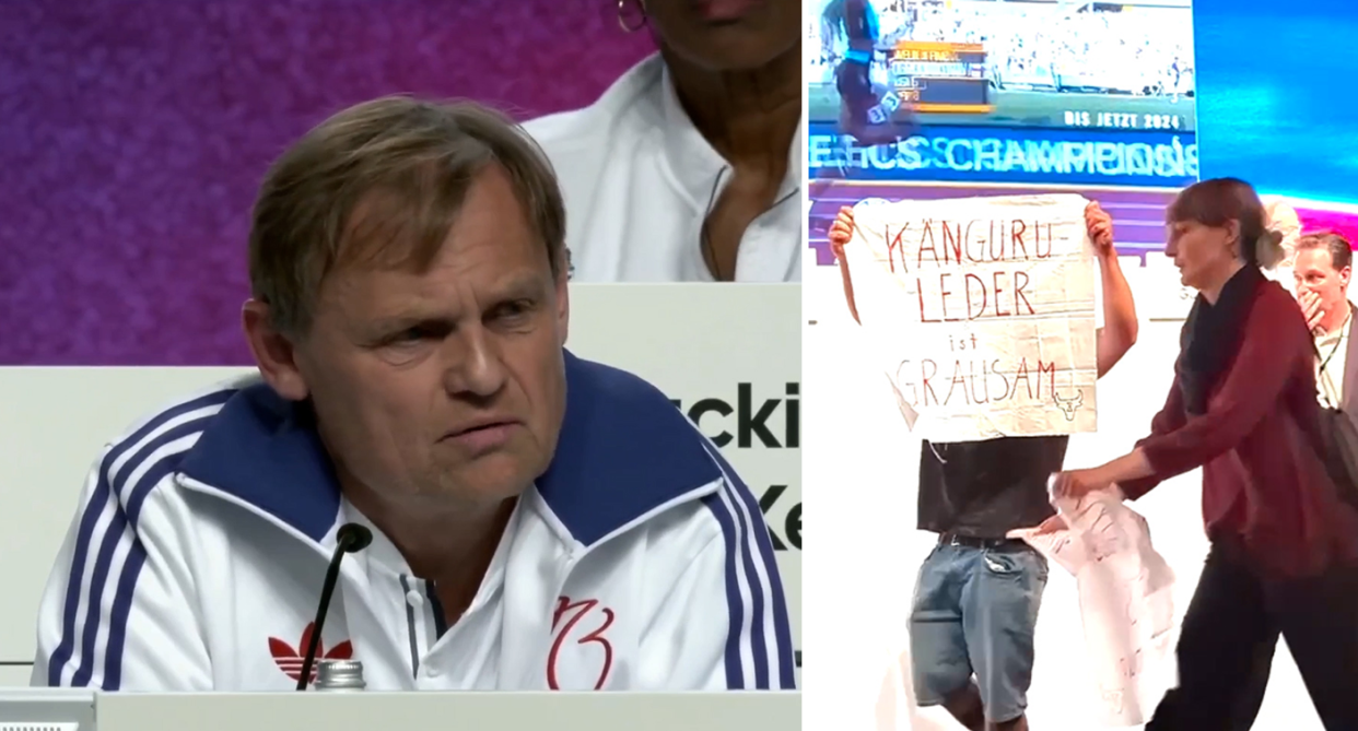 Left - Adidas CEO Björn Gulden in a tracksuit at the AGM in Germany. Right - protesters at the conference.