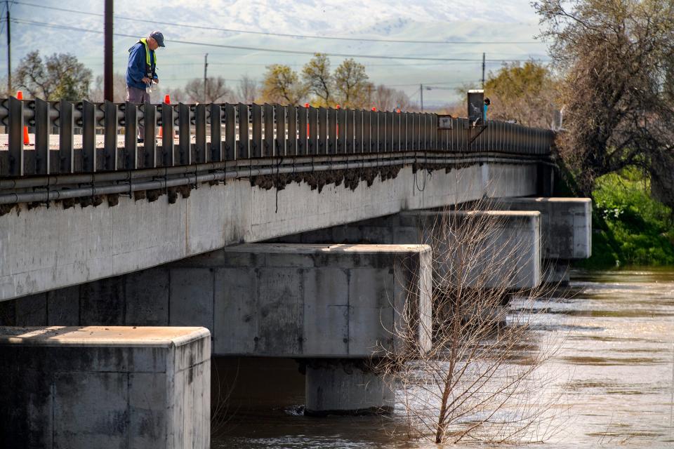 The water level on the San Joaquin River at the Airport Way bridge near Vernalis in south San Joaquin County is at flood stage on Friday, Mar. 17, 2023. The river has been at or above the 29.5-foot "danger" stage since March 18.