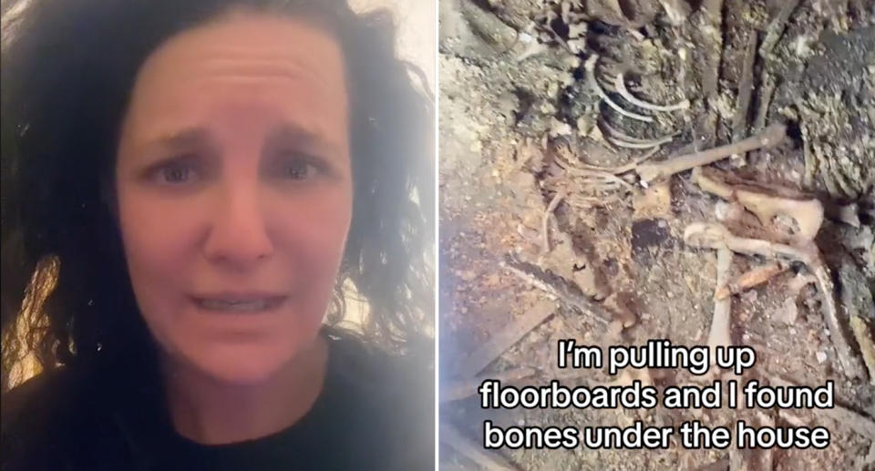 Left, Carly Starr. Right, the bones under the floorboards of her Goulburn, NSW, home. 