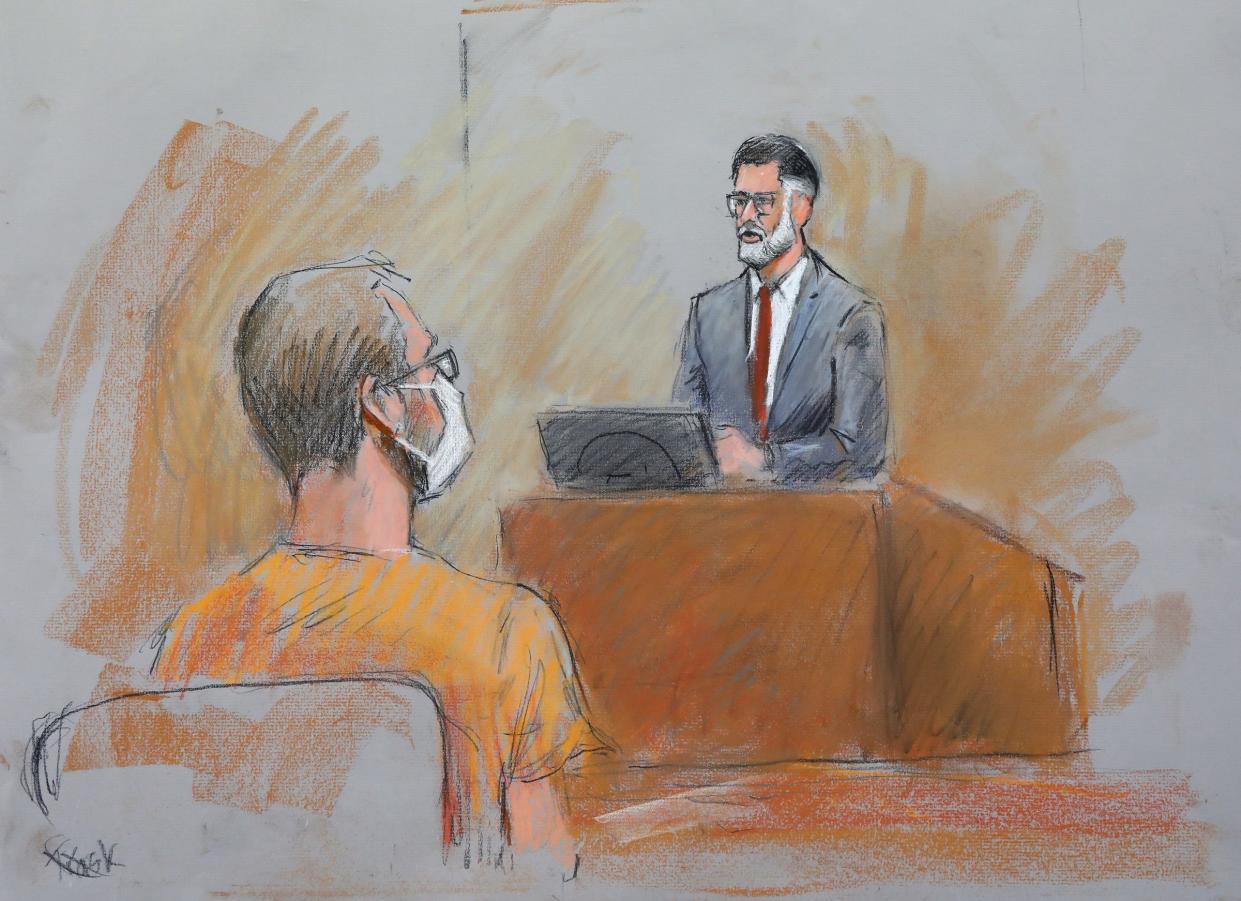 Kaleb Franks listens to Assistant U.S. Attorney Nils Kessler during a hearing in front of U.S. Magistrate Judge Sally J. Berens inside the Gerald R. Ford Federal Building and US Courthouse in Grand Rapids on Friday, Oct. 16, 2020.