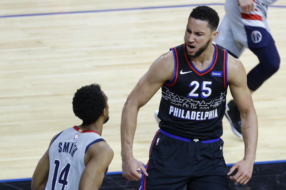 PHILADELPHIA, PENNSYLVANIA - MAY 26: Ben Simmons #25 of the Philadelphia 76ers celebrates a dunk during the first quarter against the Washington Wizards during Game Two of the Eastern Conference first round series at Wells Fargo Center on May 26, 2021 in Philadelphia, Pennsylvania. NOTE TO USER: User expressly acknowledges and agrees that, by downloading and or using this photograph, User is consenting to the terms and conditions of the Getty Images License Agreement.  (Photo by Tim Nwachukwu/Getty Images)