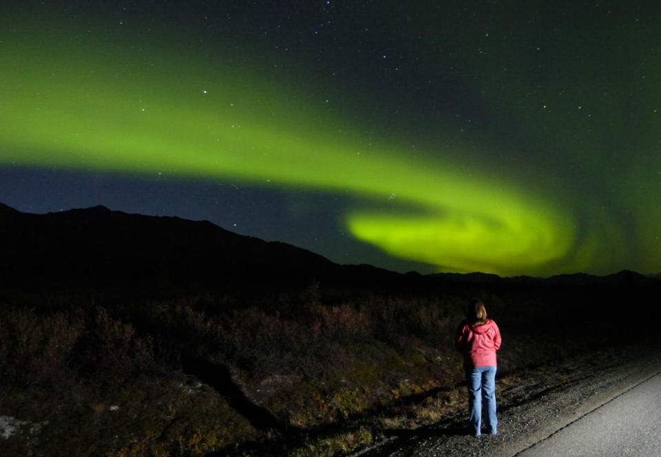 In this Sept. 3, 2006 file photo, a spectator watches the aurora borealis rise above the Alaska Range, in Denali National Park, Alaska. On Thursday, July 24, 2008, NASA released findings that indicate magnetic explosions about one-third of the way to the moon cause the northern lights, or aurora borealis, to burst in spectacular shapes and colors, and dance across the sky. (AP Photo/M. Scott Moon, File)