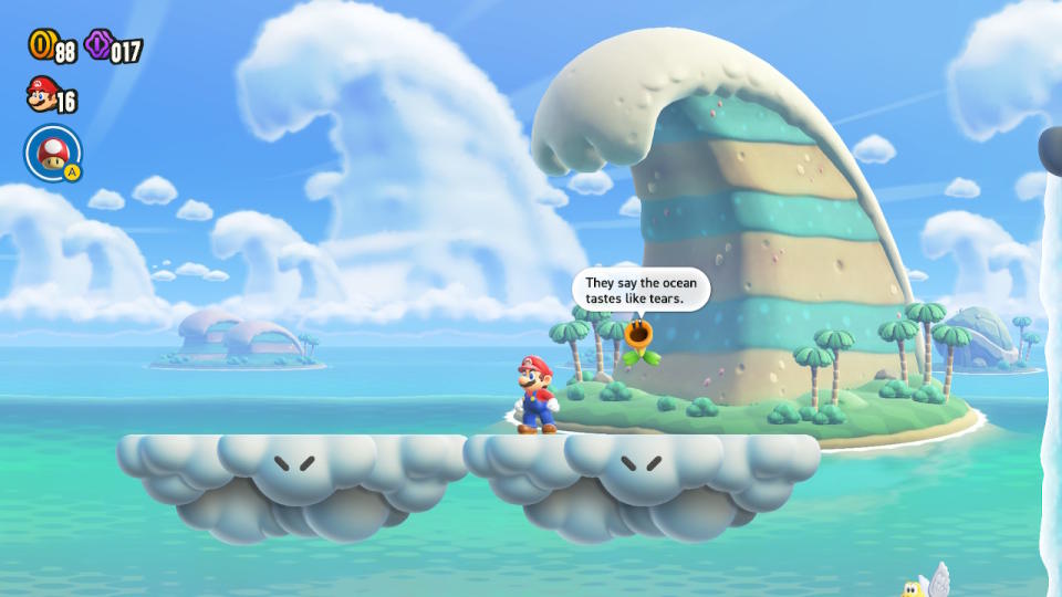 Mario listening to a Talking Flower in Super Mario Bros. Wonder