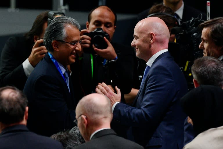 New FIFA president Gianni Infantino (right) is congratulated by rival candidate Sheikh Salman bin Ebrahim al-Khalifa after the election in Zurich, on February 26, 2016